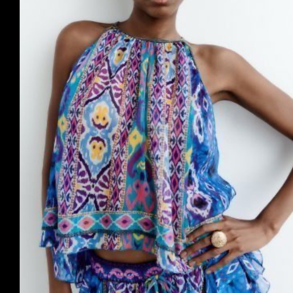 Zara swing halter top geometric print blue NWT‎ small